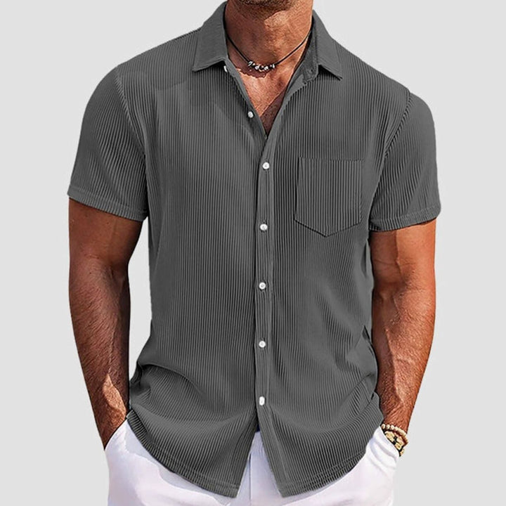 Men's Ribbed Texture Short-Sleeve Button-Up Shirt, Light Blue - Grey