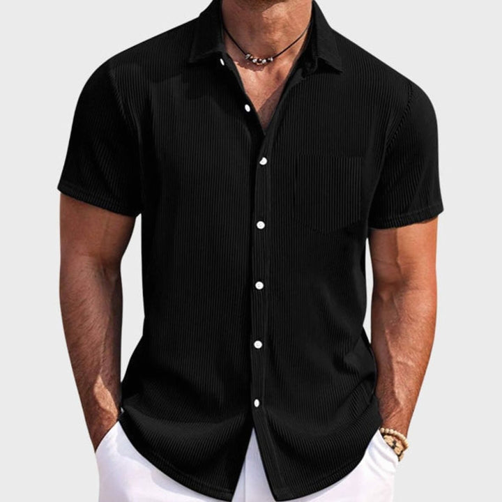 Men's Ribbed Texture Short-Sleeve Button-Up Shirt, Light Blue - Black