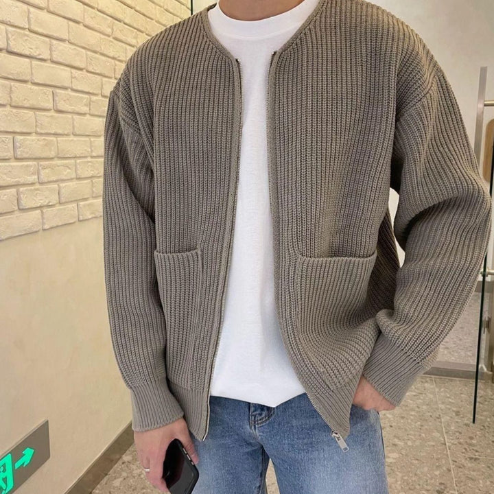 Men's Ribbed Zip-Up Knitted Sweater Cardigan