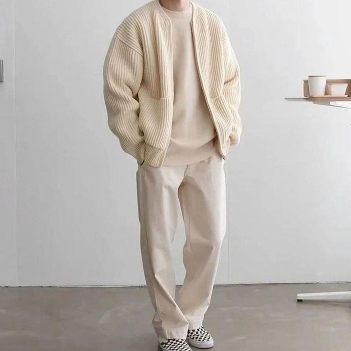 Men's Ribbed Zip-Up Knitted Sweater Cardigan - Apricot