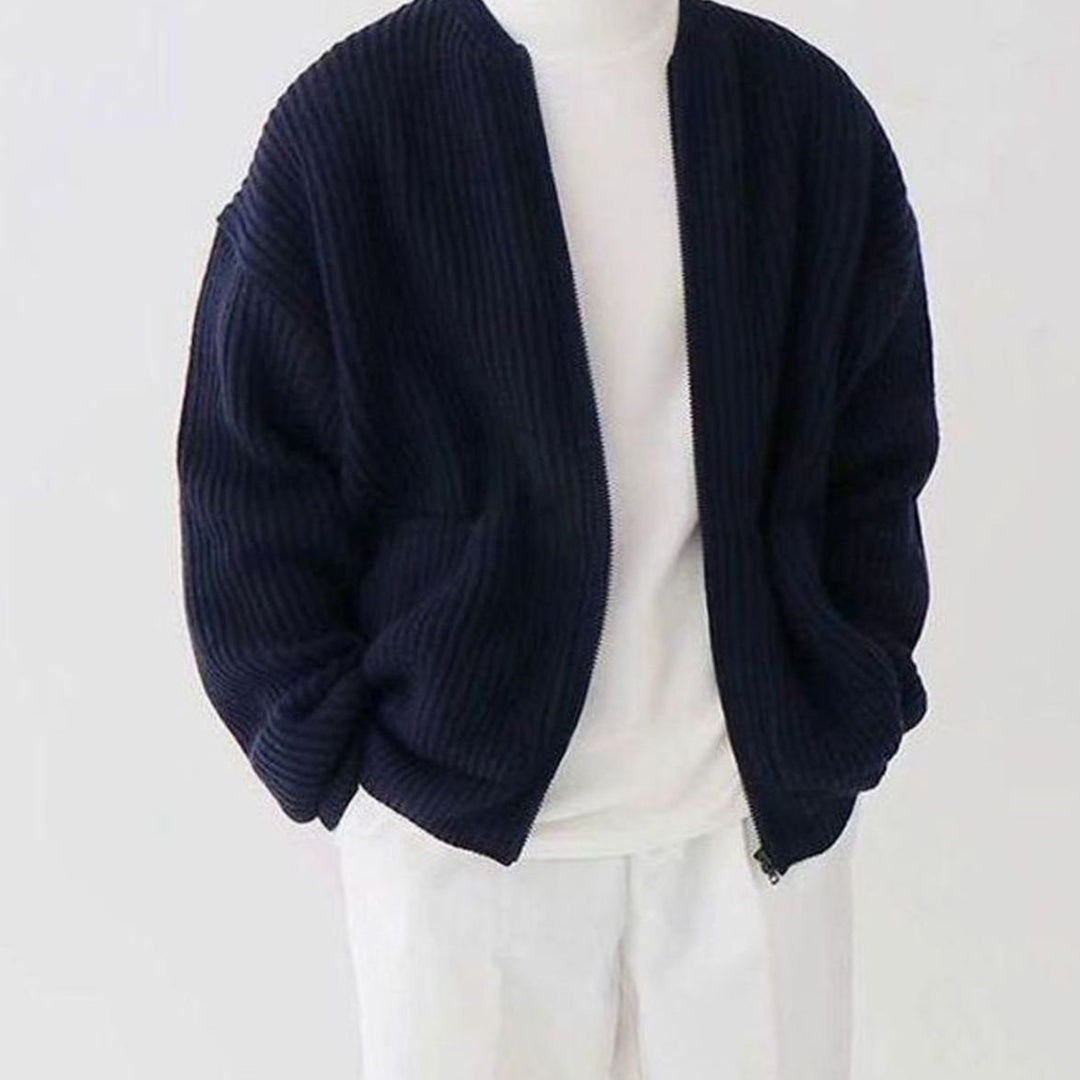 Men's Ribbed Zip-Up Knitted Sweater Cardigan - Navy Blue