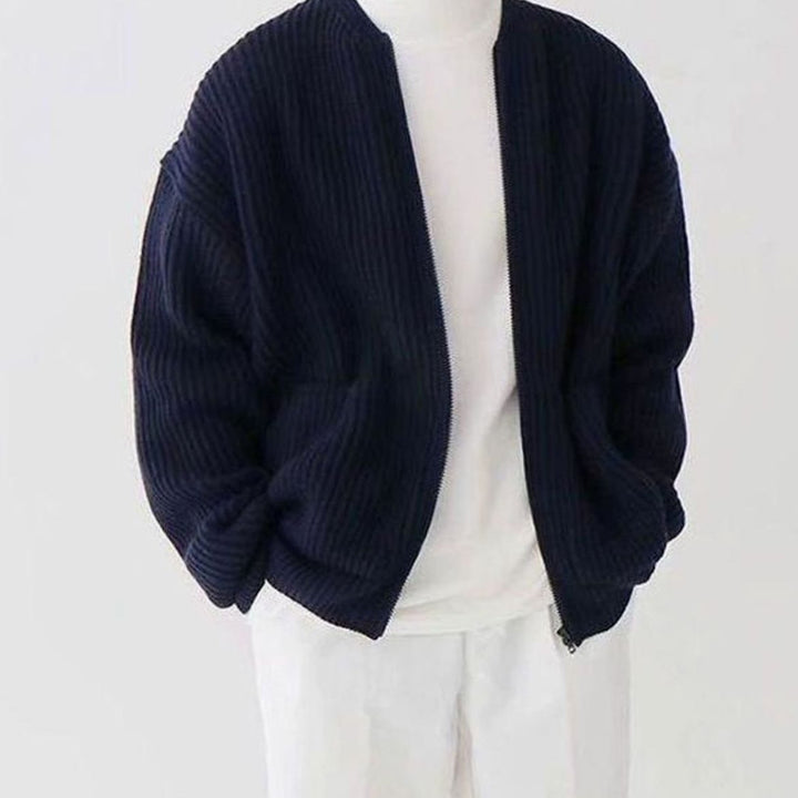 Men's Ribbed Zip-Up Knitted Sweater Cardigan - Navy Blue