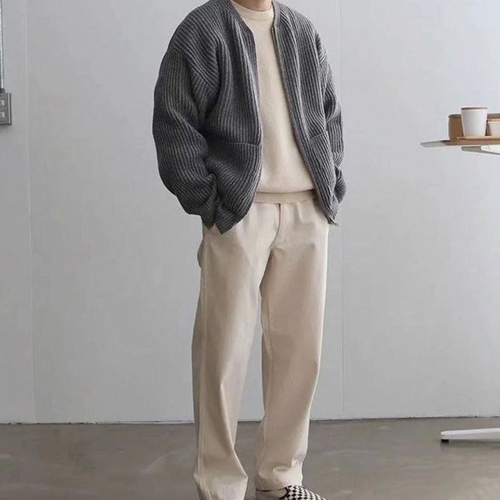 Men's Ribbed Zip-Up Knitted Sweater Cardigan - Grey