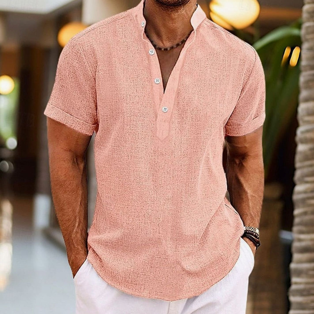 Men's Short-Sleeve Linen-Look Henley Shirt Kurzarm-Knopf - Pink