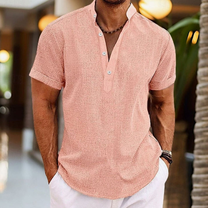 Men's Short-Sleeve Linen-Look Henley Shirt Kurzarm-Knopf - Pink