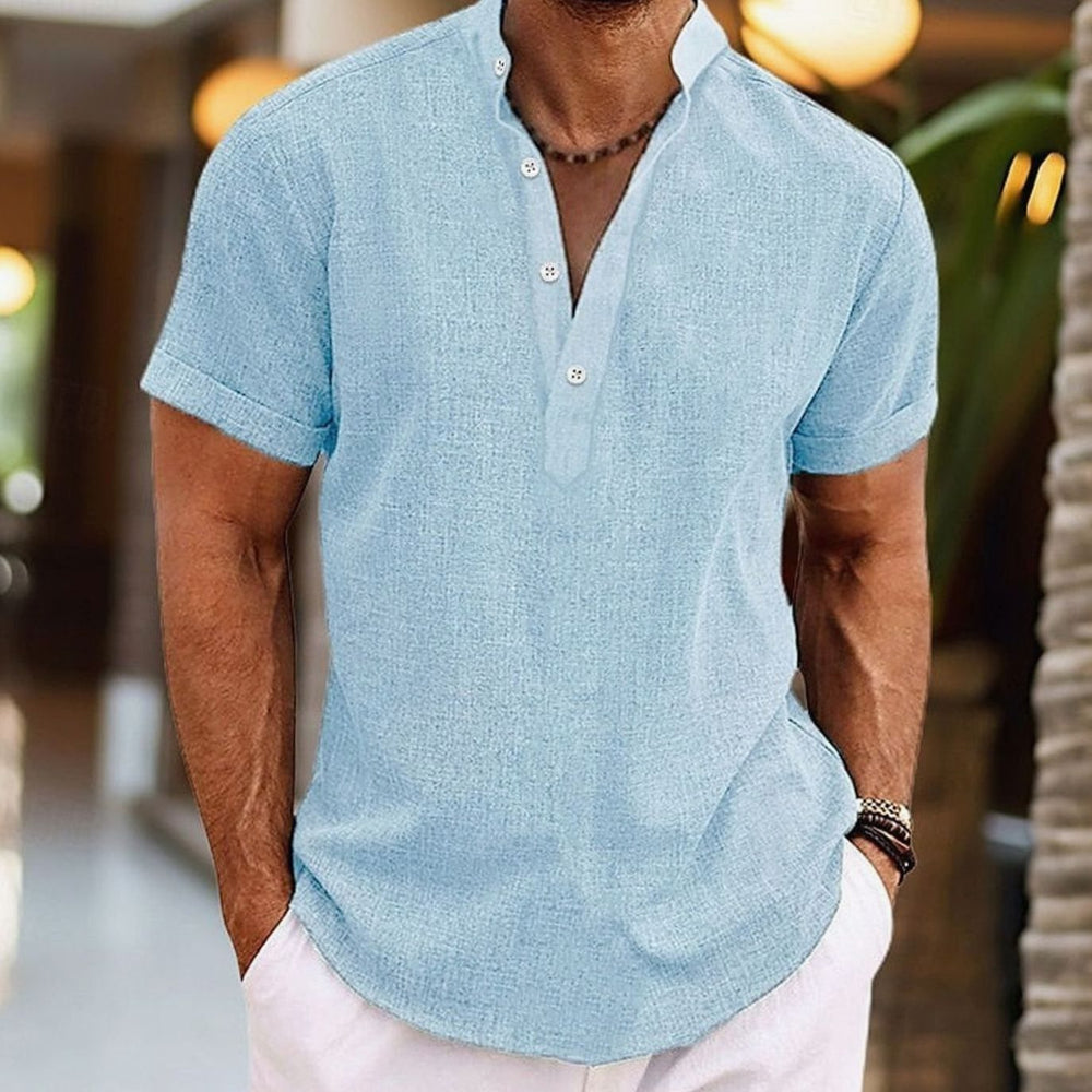Men's Short-Sleeve Linen-Look Henley Shirt Kurzarm-Knopf - Light Blue