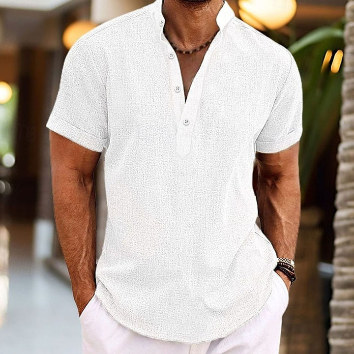 Men's Short-Sleeve Linen-Look Henley Shirt Kurzarm-Knopf - White