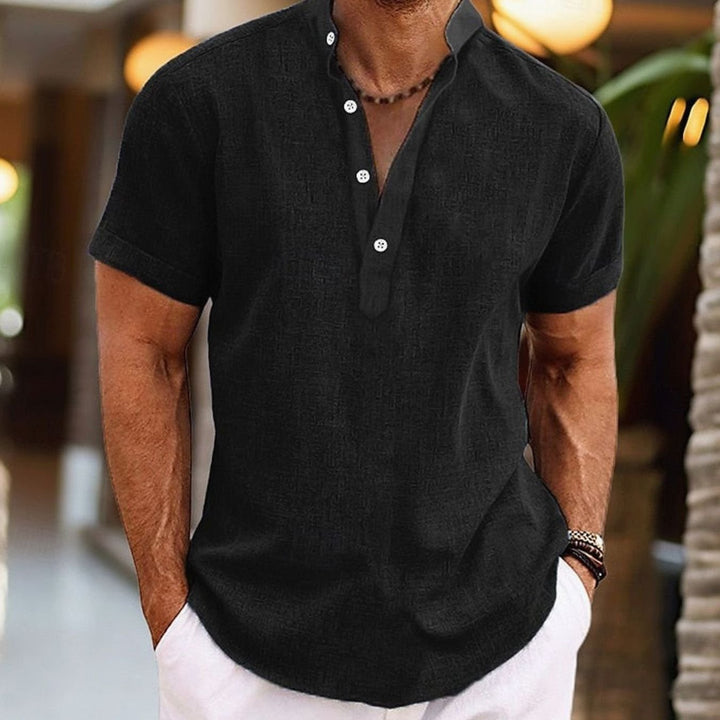 Men's Short-Sleeve Linen-Look Henley Shirt Kurzarm-Knopf - Black