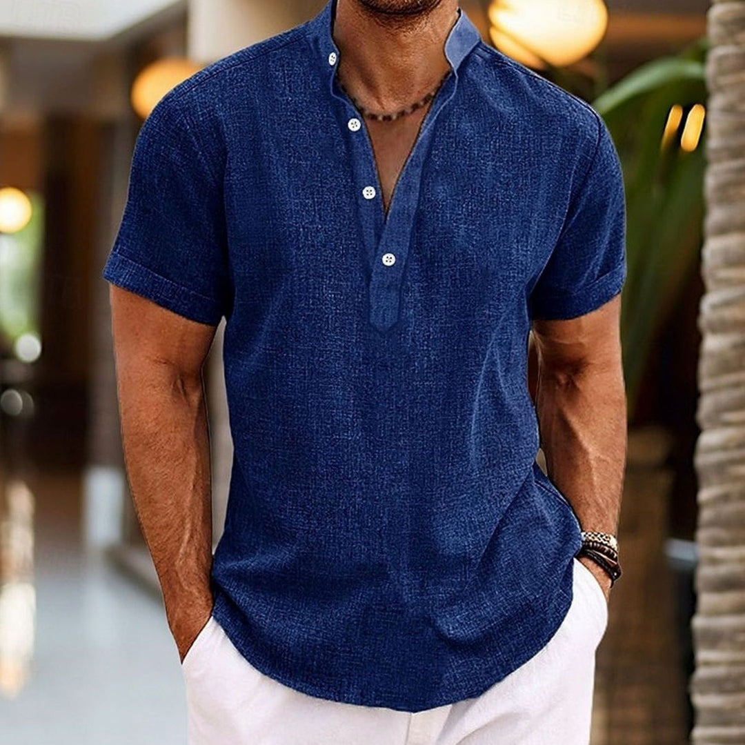 Men's Short-Sleeve Linen-Look Henley Shirt Kurzarm-Knopf - Dark Navy
