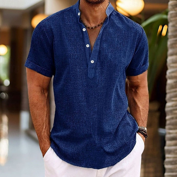 Men's Short-Sleeve Linen-Look Henley Shirt Kurzarm-Knopf - Dark Navy