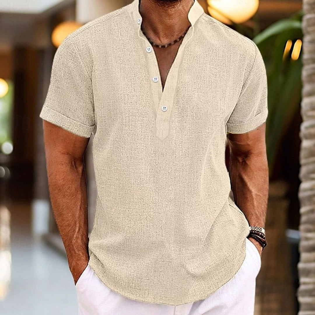 Men's Short-Sleeve Linen-Look Henley Shirt Kurzarm-Knopf - Mauve