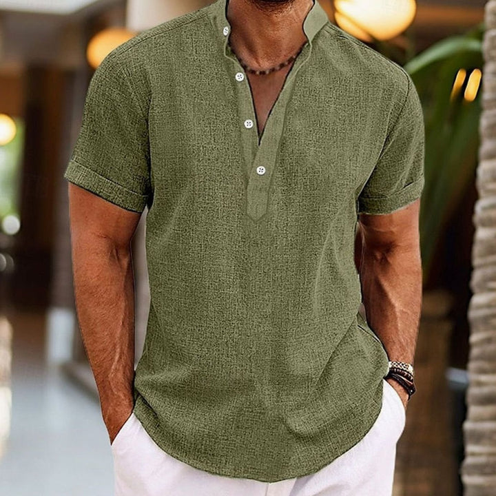 Men's Short-Sleeve Linen-Look Henley Shirt Kurzarm-Knopf - Green