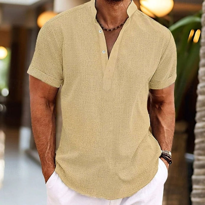 Men's Short-Sleeve Linen-Look Henley Shirt Kurzarm-Knopf - Yellow