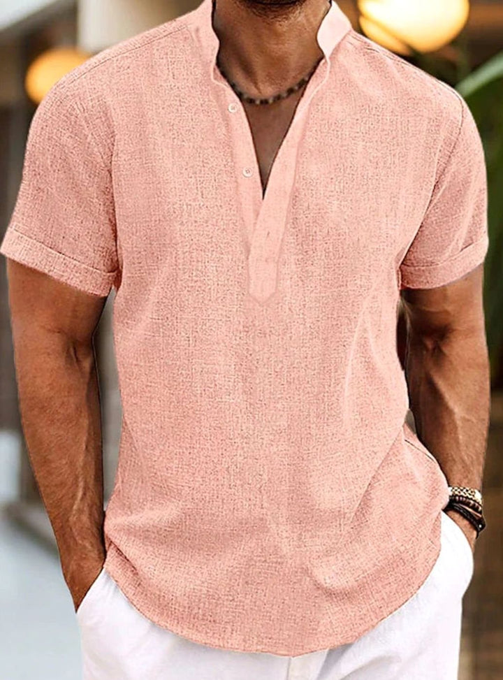 Men's Short-Sleeve Linen-Look Henley Shirt, Pink - Pink