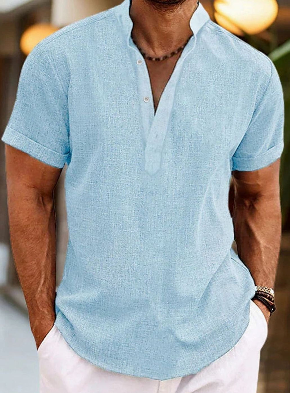 Men's Short-Sleeve Linen-Look Henley Shirt, Pink - Light Blue