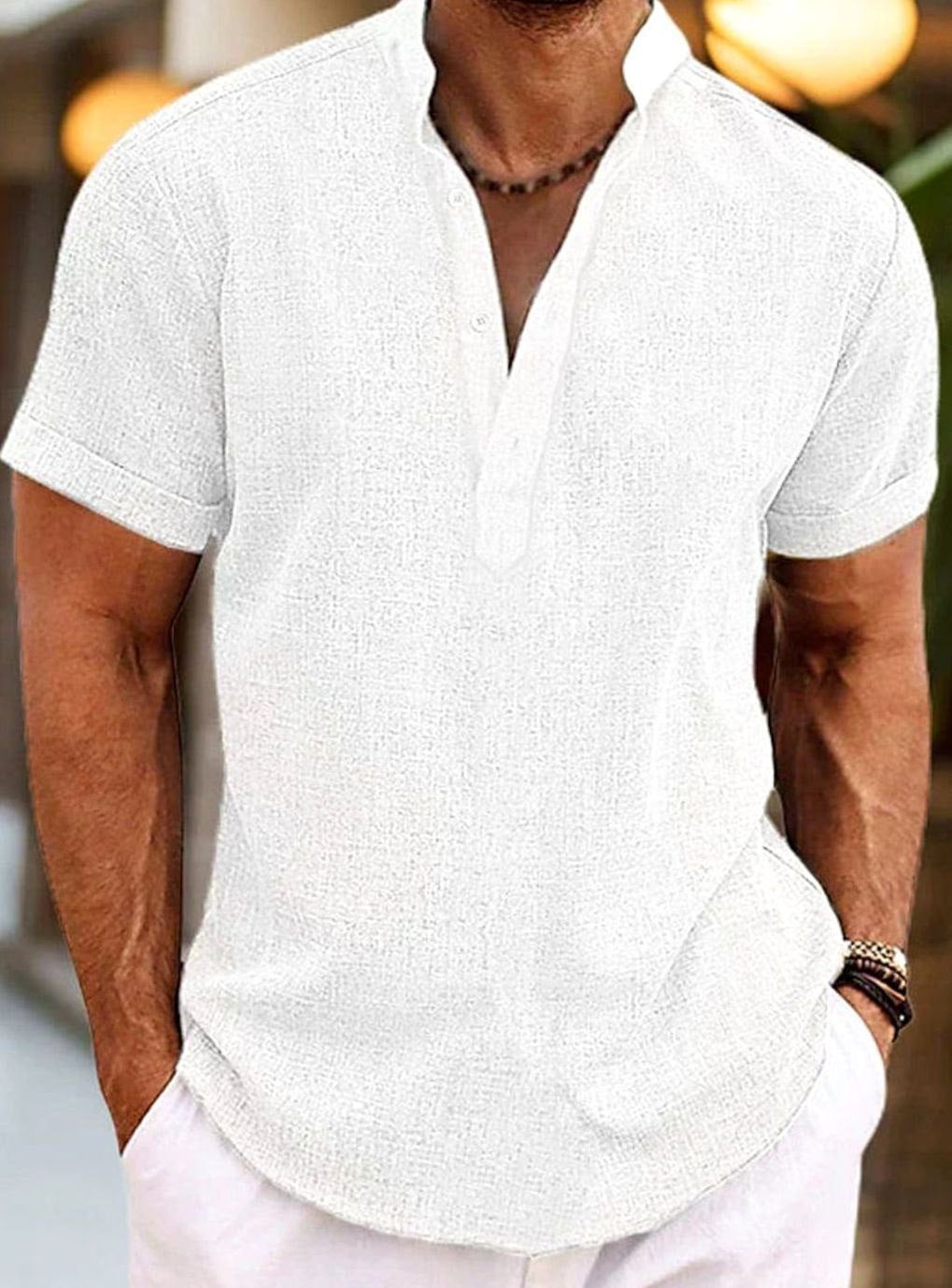 Men's Short-Sleeve Linen-Look Henley Shirt, Pink - White
