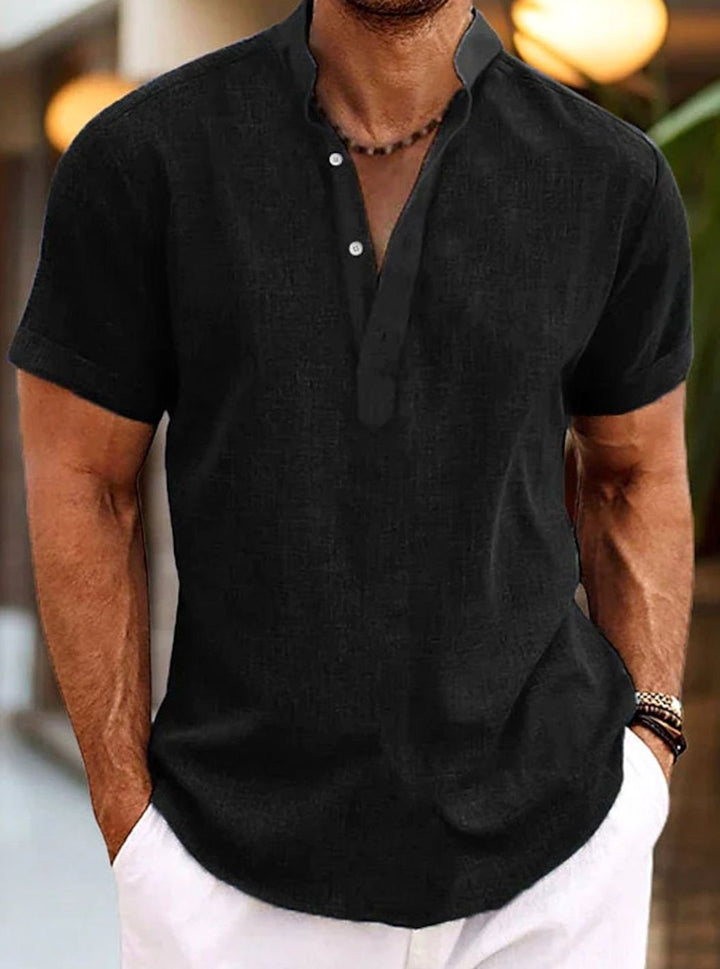 Men's Short-Sleeve Linen-Look Henley Shirt, Pink - Black