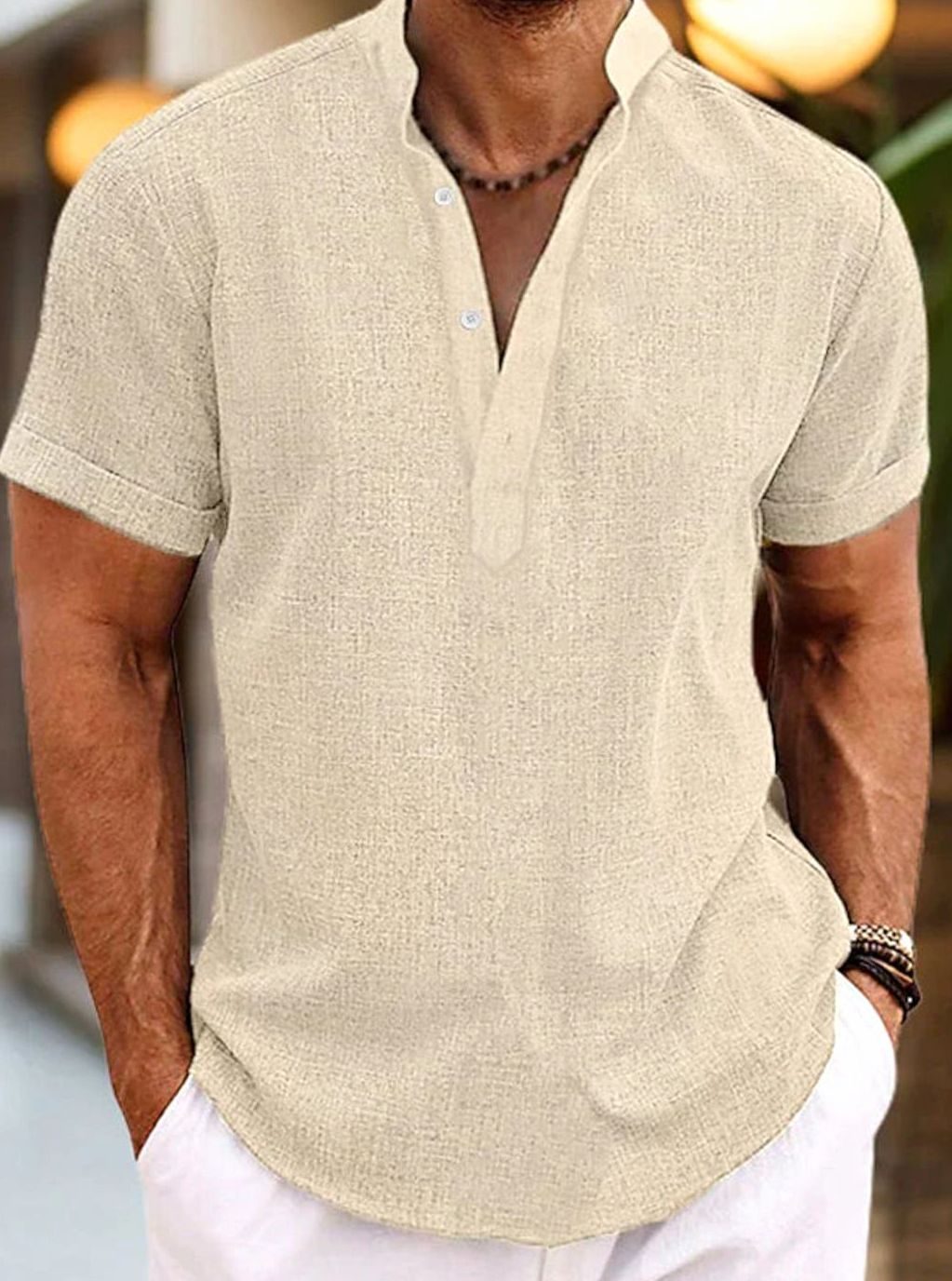 Men's Short-Sleeve Linen-Look Henley Shirt, Pink - Khaki