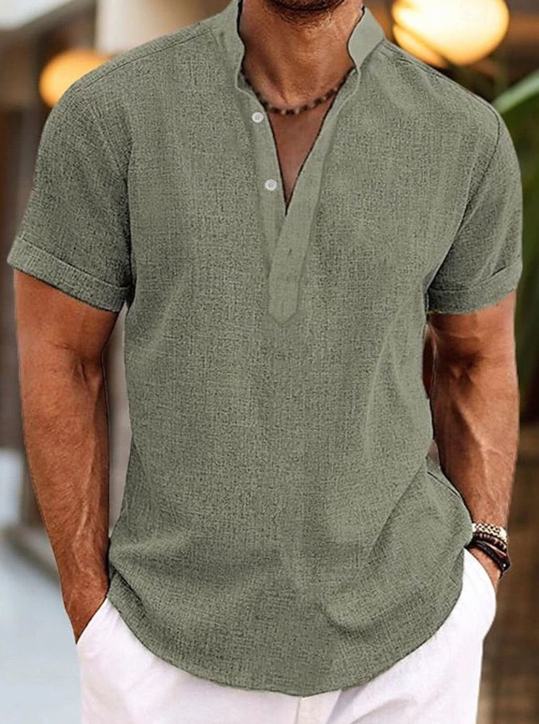 Men's Short-Sleeve Linen-Look Henley Shirt, Pink - Green