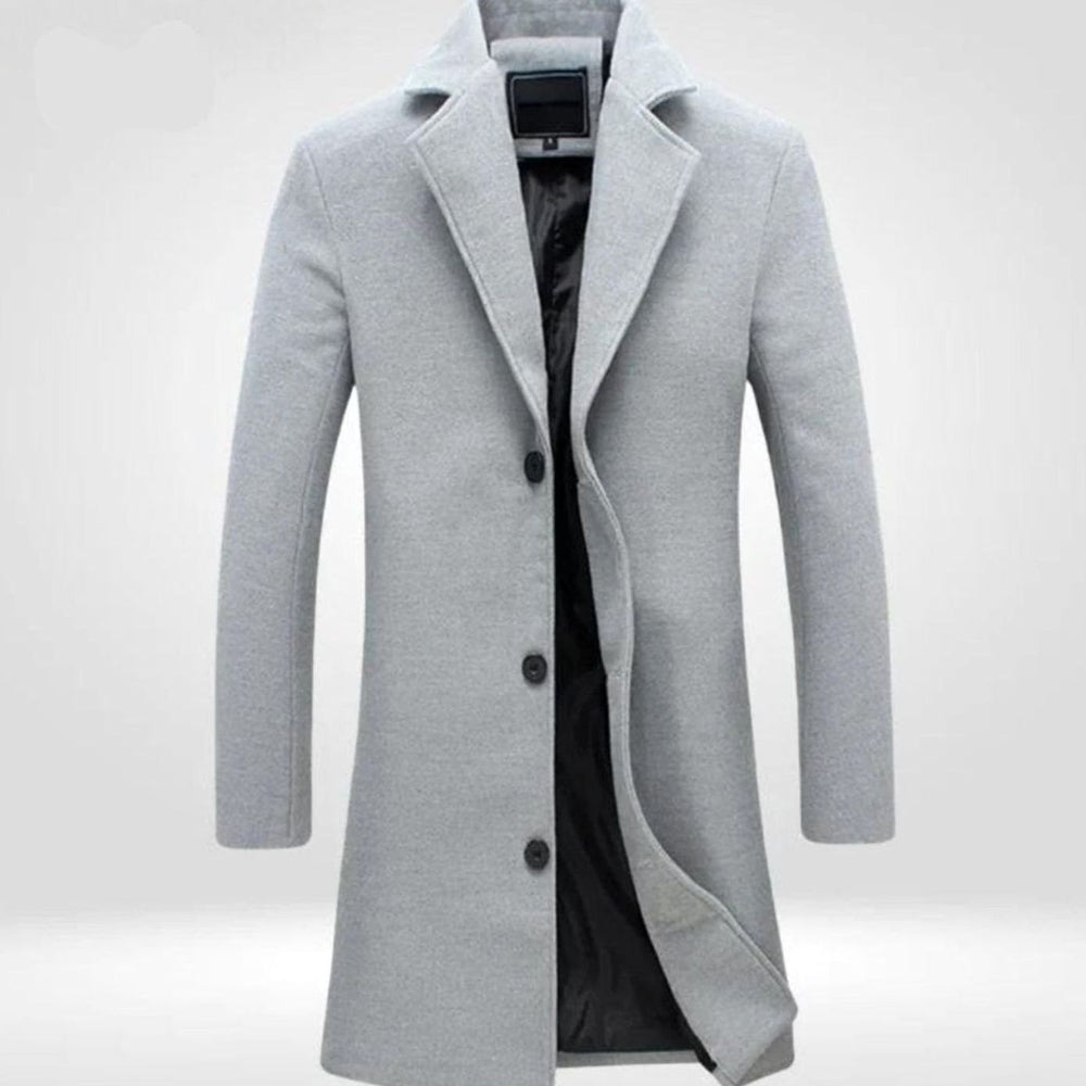 Men's Single-Breasted Notch Lapel Knee-Length Wool Overcoat - Grey