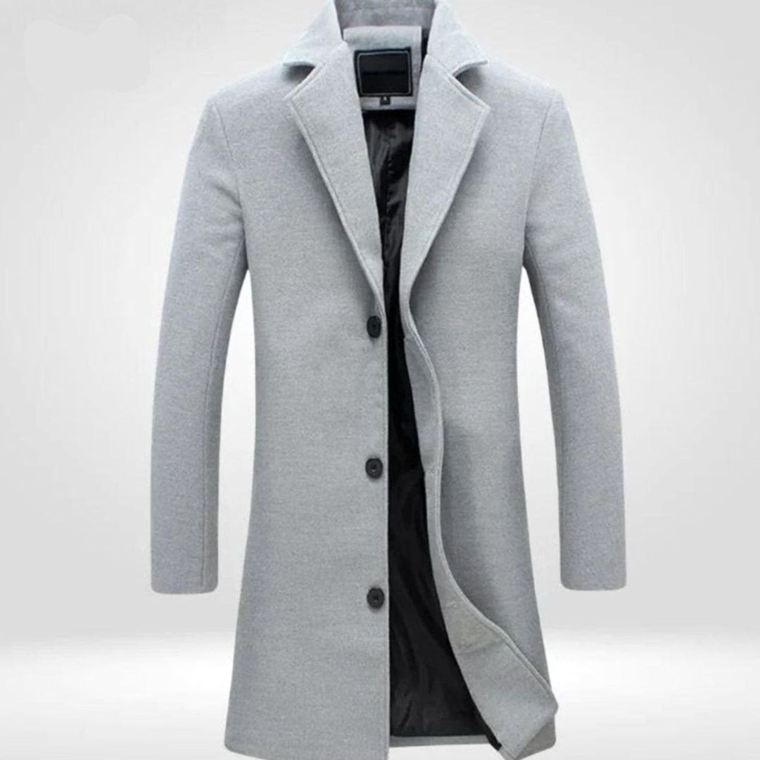 Men's Single-Breasted Notch Lapel Knee-Length Wool Overcoat - Grey