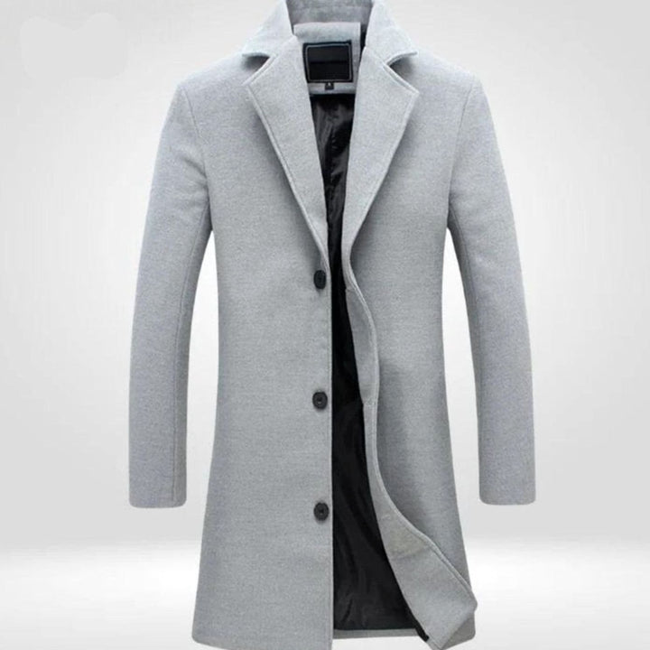 Men's Single-Breasted Notch Lapel Knee-Length Wool Overcoat - Grey