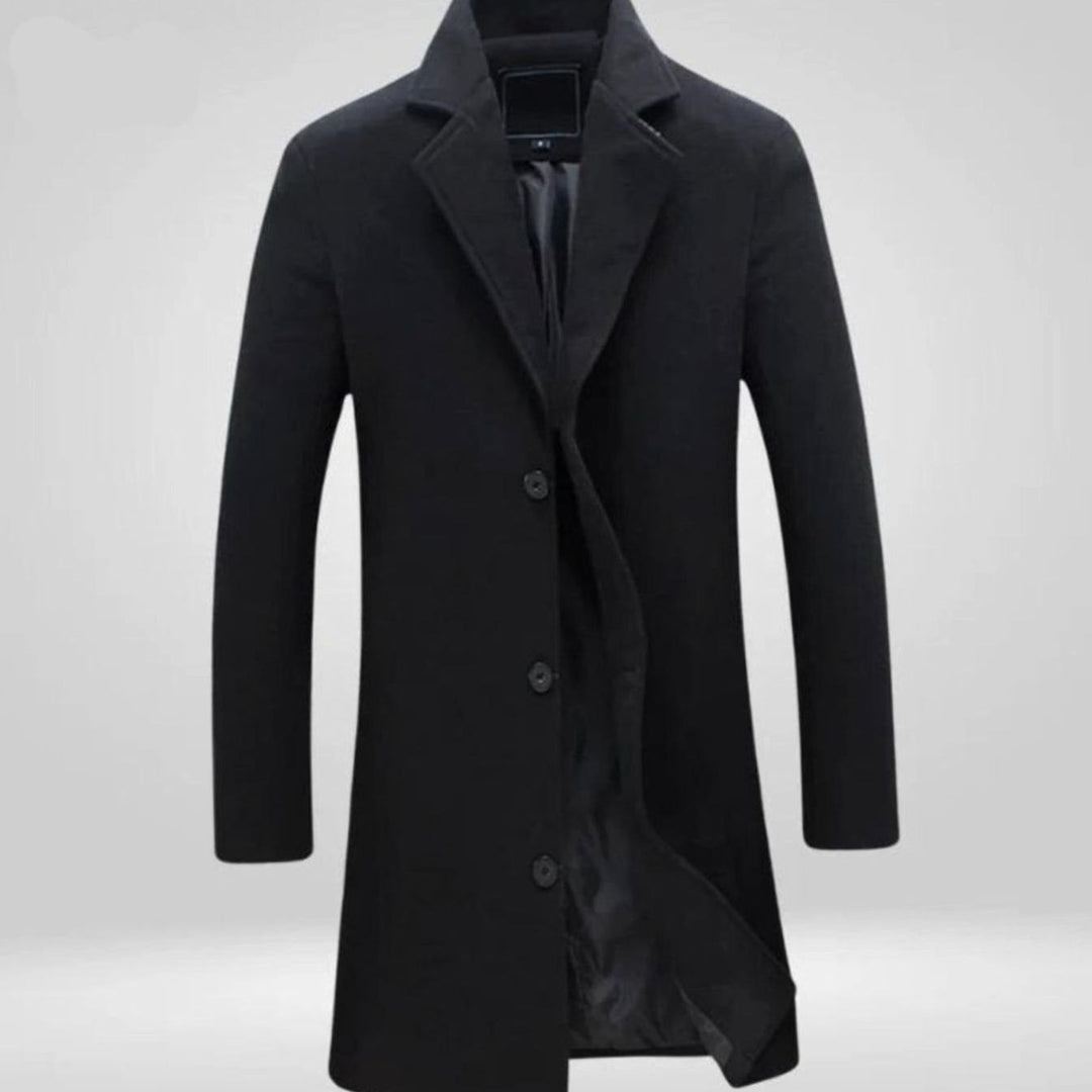 Men's Single-Breasted Notch Lapel Knee-Length Wool Overcoat - Black