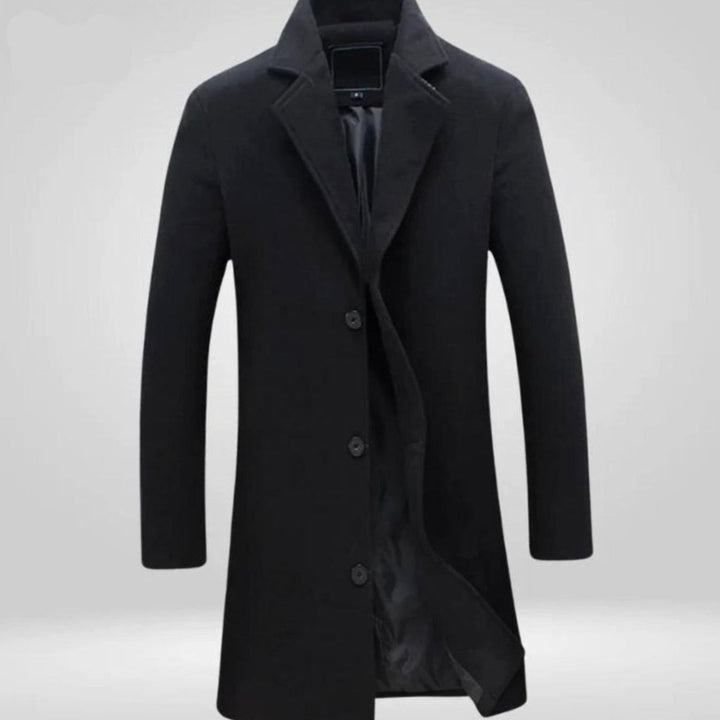 Men's Single-Breasted Notch Lapel Knee-Length Wool Overcoat - Black