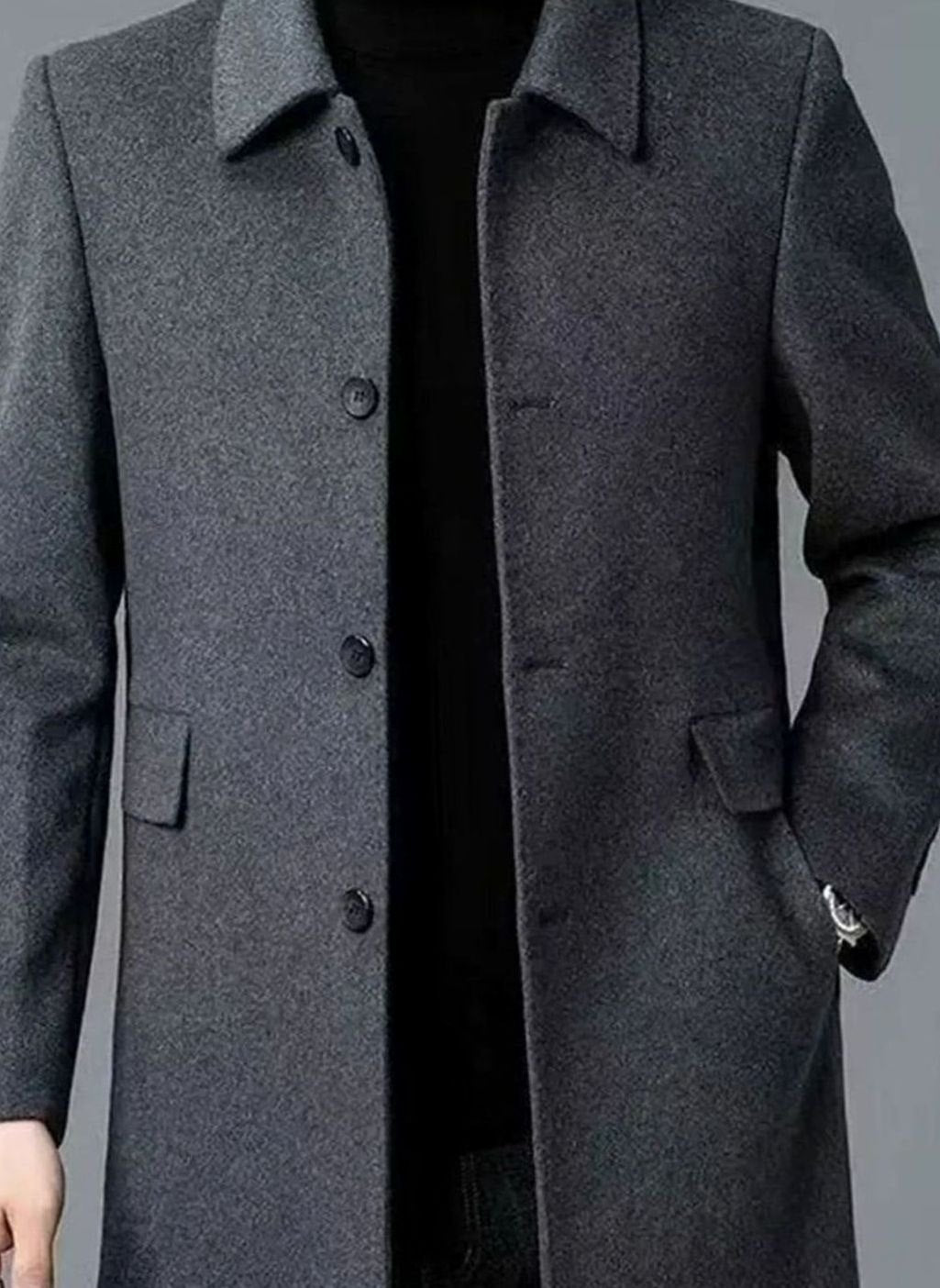 Men's Single-Breasted Tailored Wool Overcoat - Dark Grey
