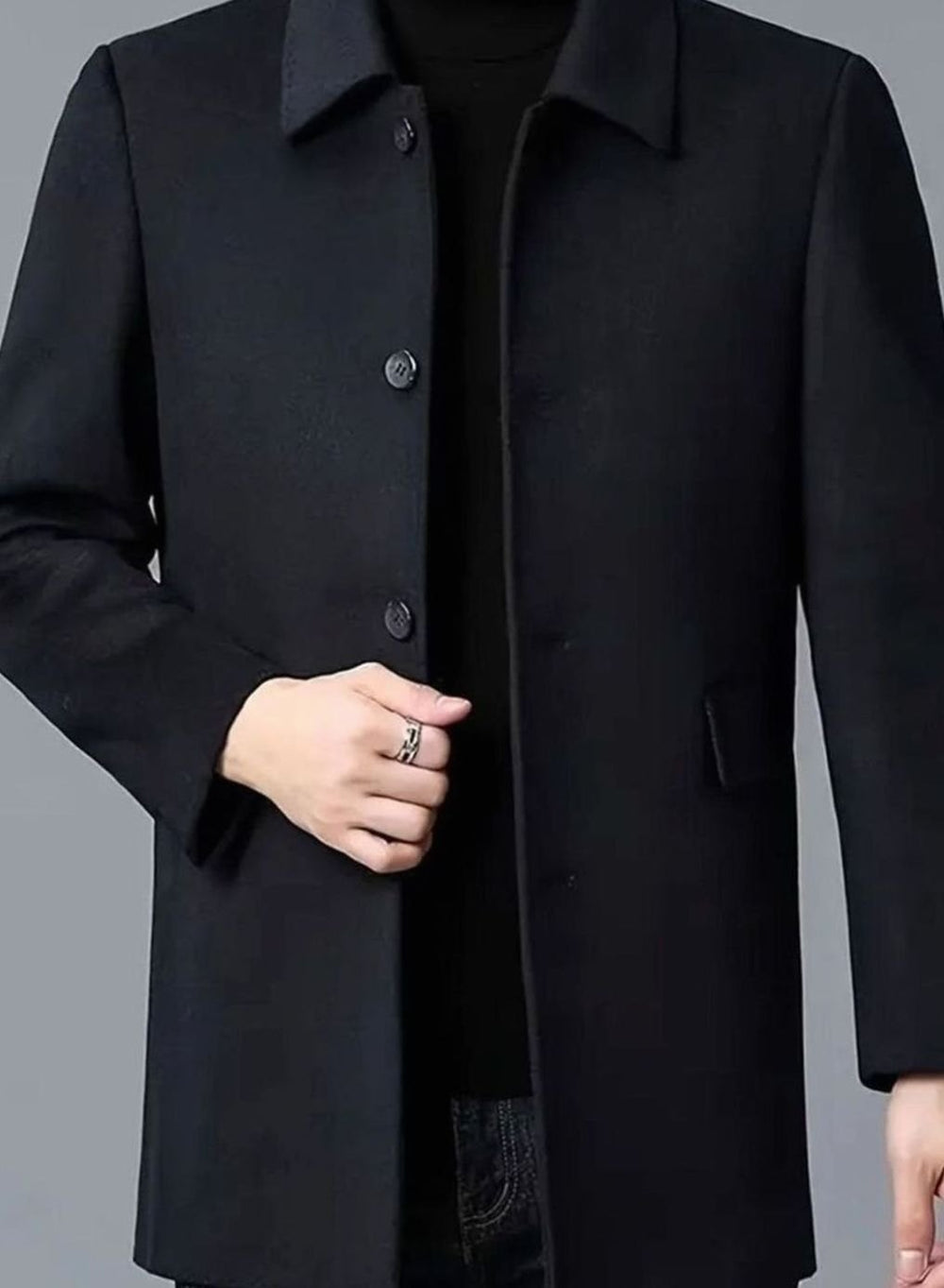 Men's Single-Breasted Tailored Wool Overcoat - Black