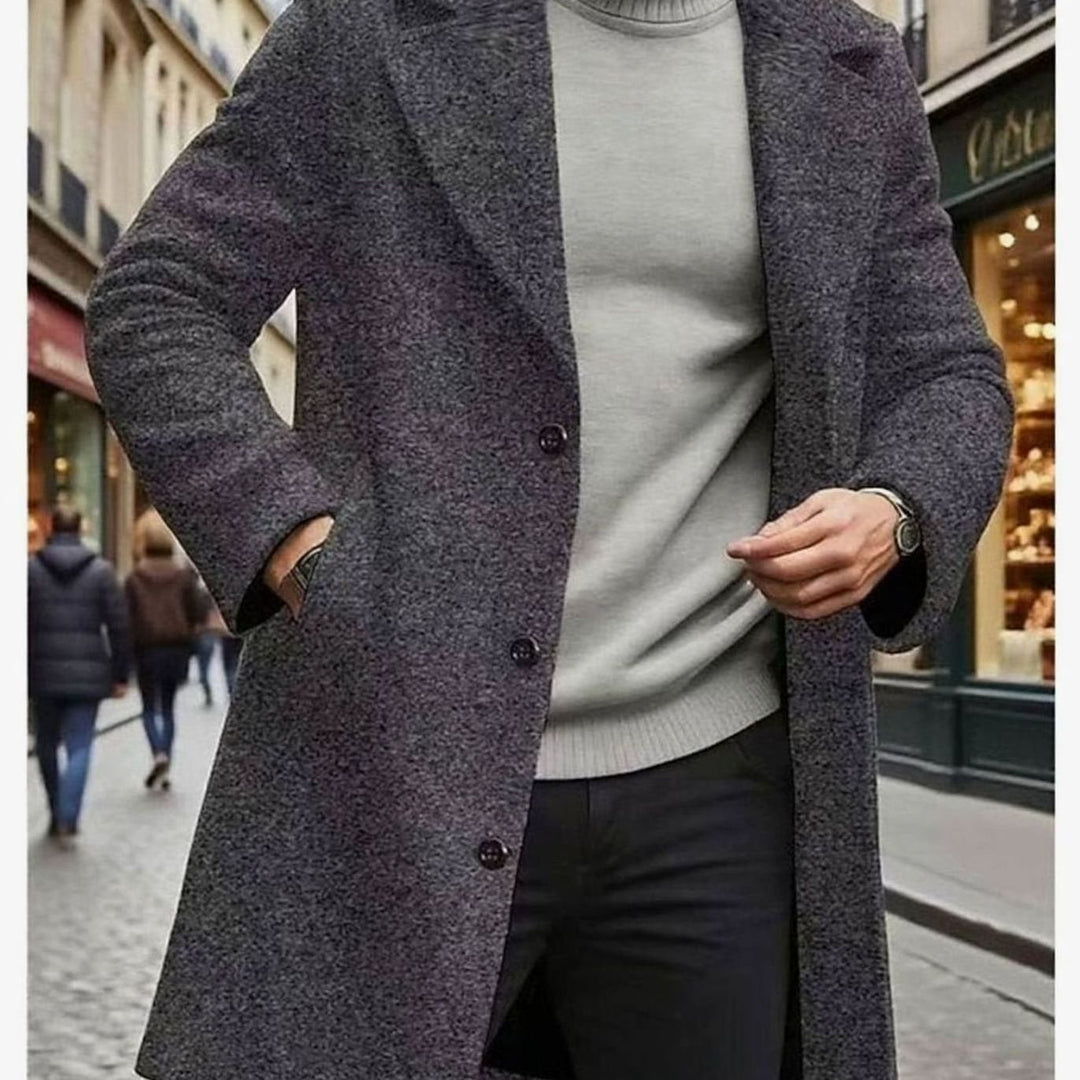 Men's Single-Breasted Wool Long Overcoat Notch Lapel - Dark Grey