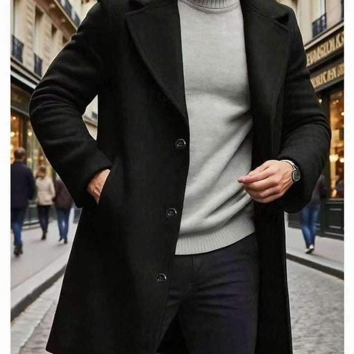 Men's Single-Breasted Wool Long Overcoat Notch Lapel - Black