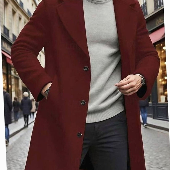 Men's Single-Breasted Wool Long Overcoat Notch Lapel - Red