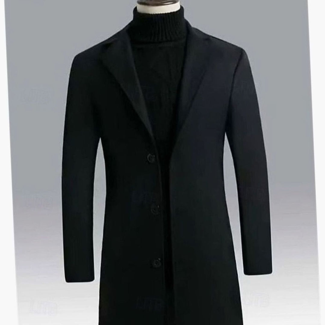 Men's Single-Breasted Wool Long Overcoat Notch Lapel