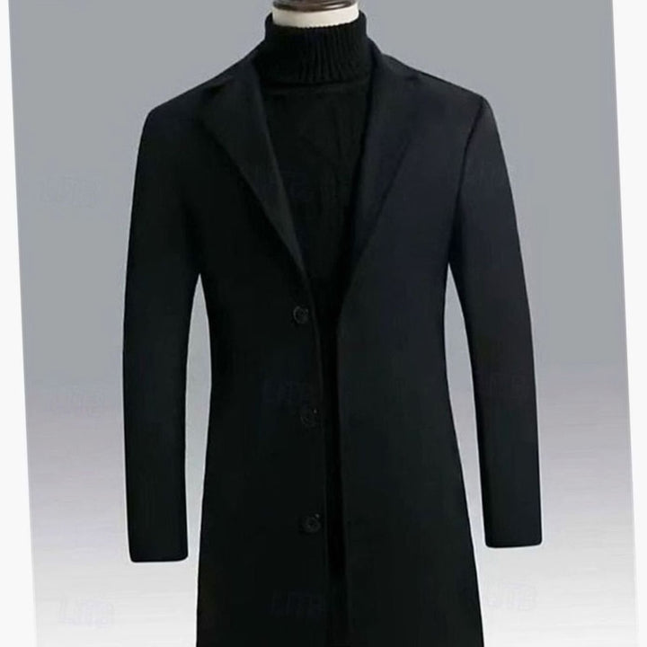 Men's Single-Breasted Wool Long Overcoat Notch Lapel