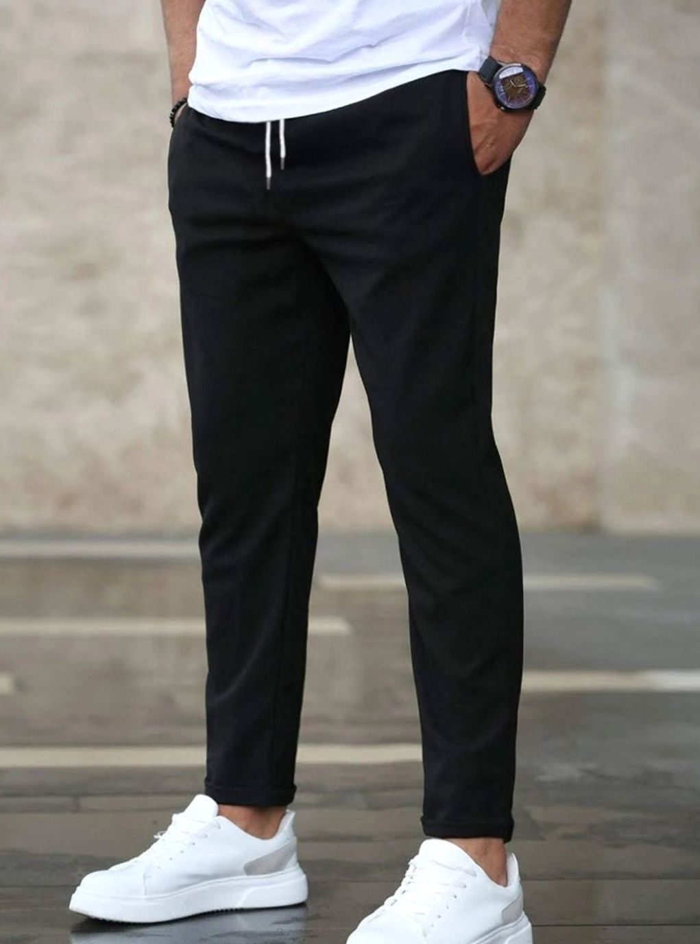 Men's Slim-Fit Drawstring Jogger Chino Trousers - Black