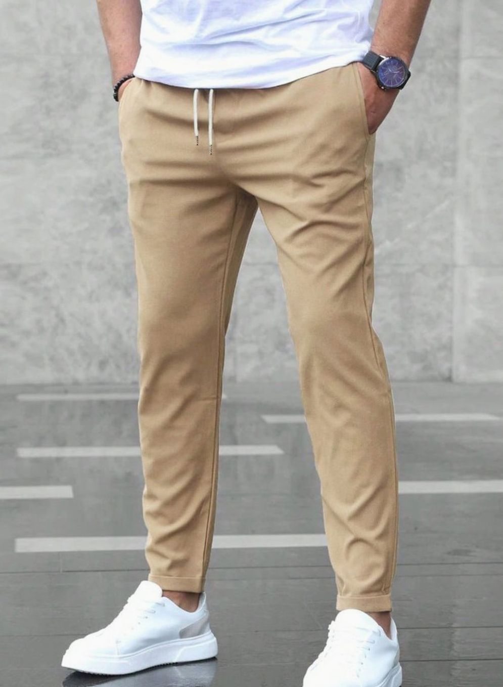 Men's Slim-Fit Drawstring Jogger Chino Trousers - Khaki