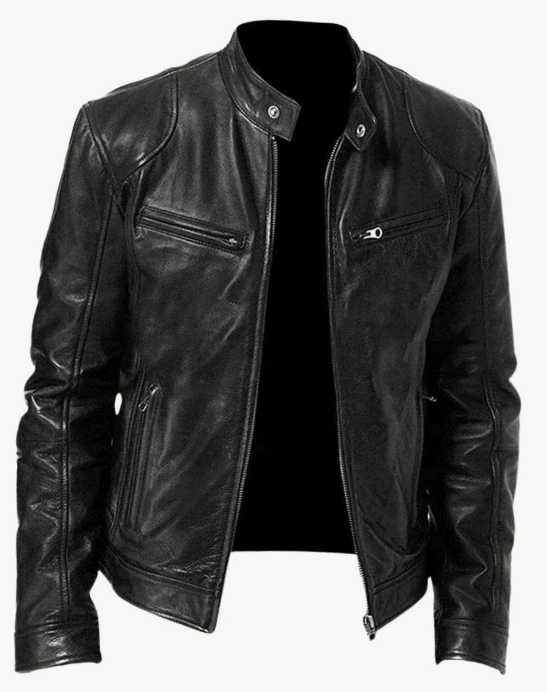 Men's Slim-Fit Faux Leather Moto Jacket Stand Collar
