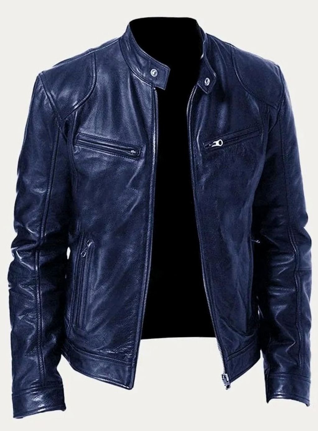 Men's Slim-Fit Faux Leather Moto Jacket Stand Collar - Dark Blue