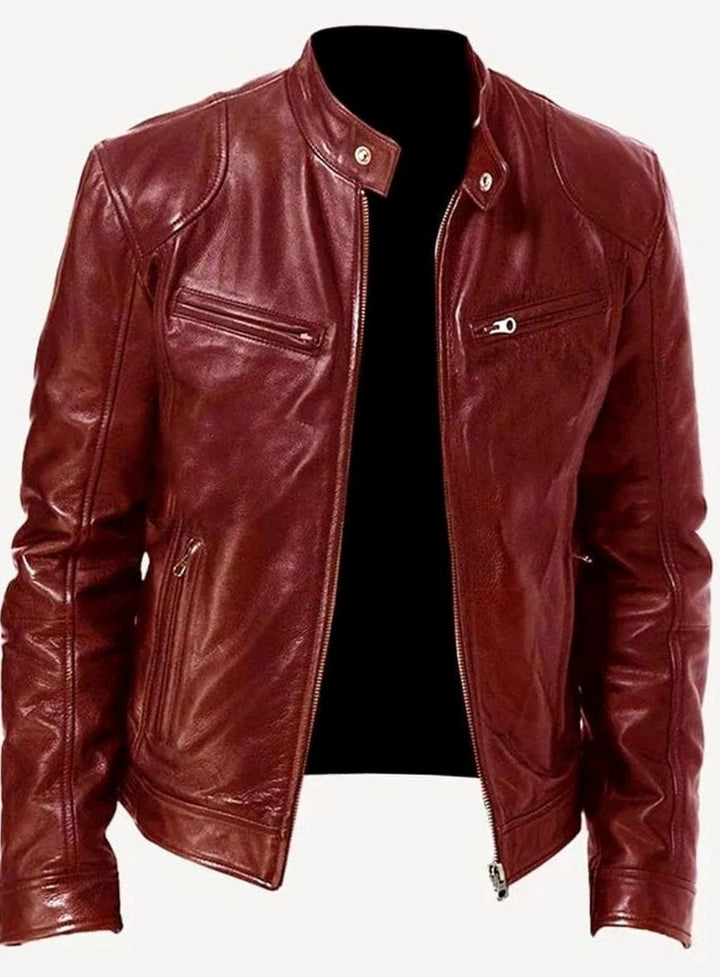 Men's Slim-Fit Faux Leather Moto Jacket Stand Collar - Dark Red