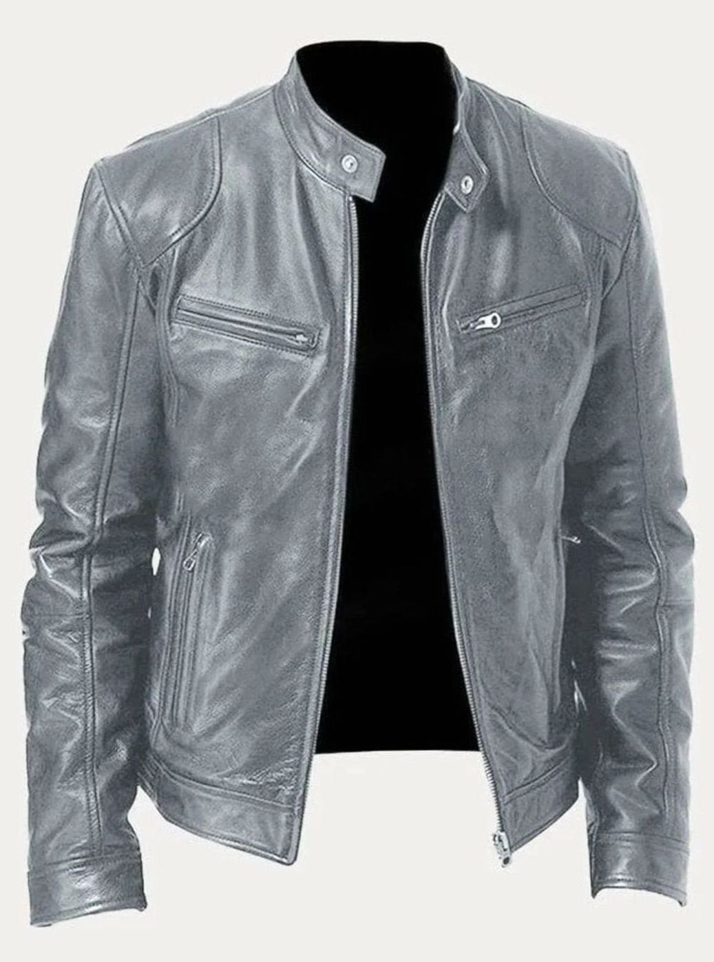Men's Slim-Fit Faux Leather Moto Jacket Stand Collar - Grey