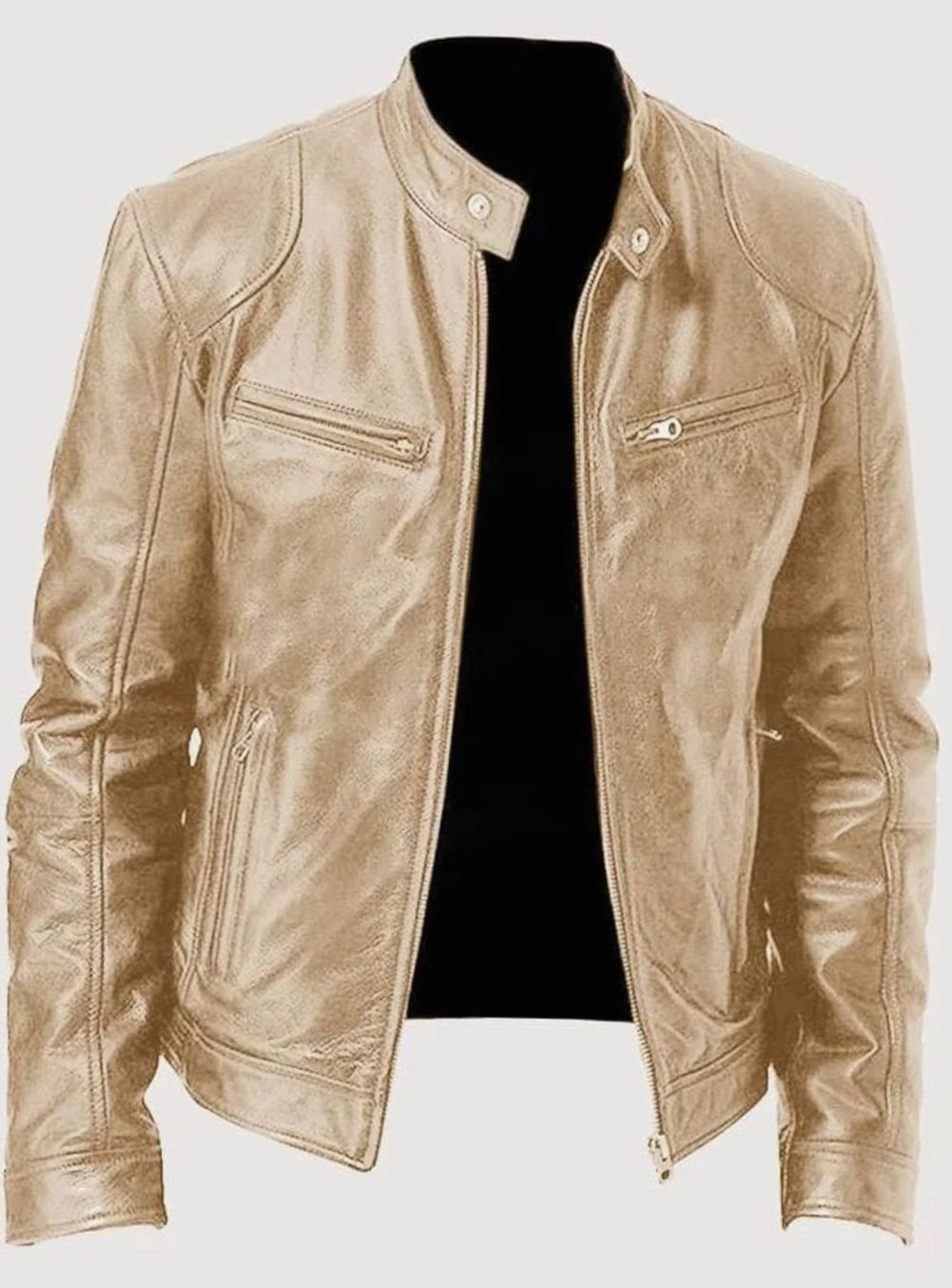 Men's Slim-Fit Faux Leather Moto Jacket Stand Collar - Gold