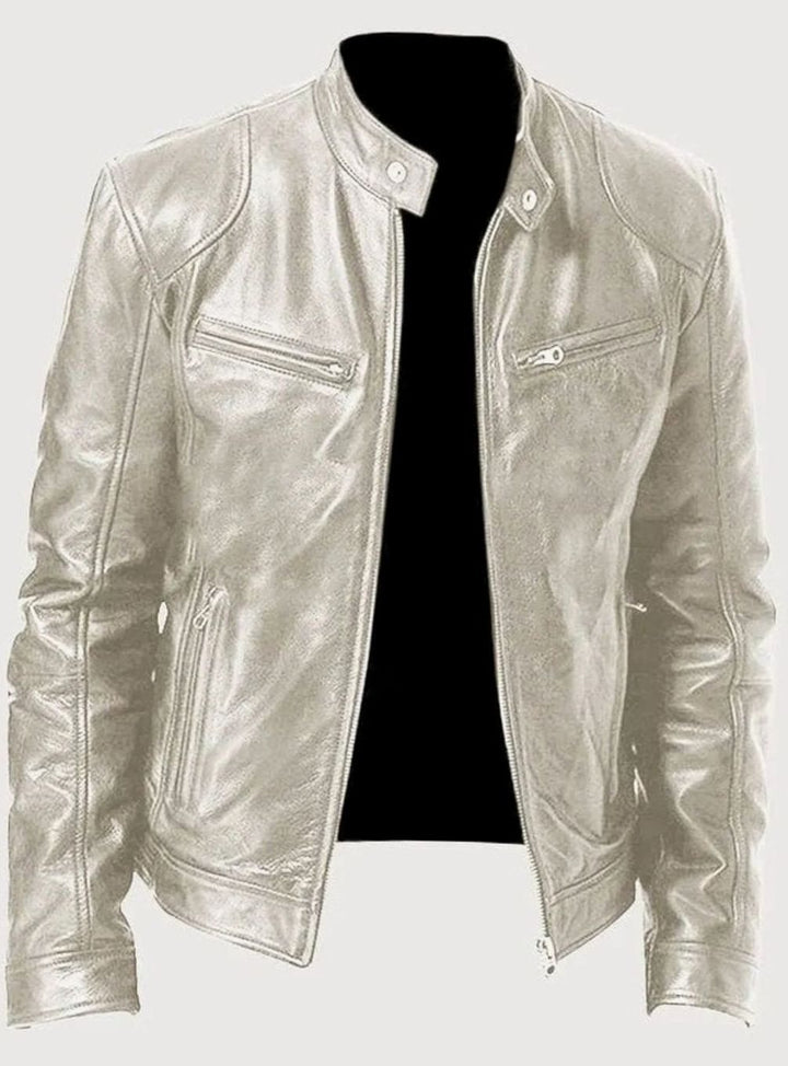 Men's Slim-Fit Faux Leather Moto Jacket Stand Collar - Silver
