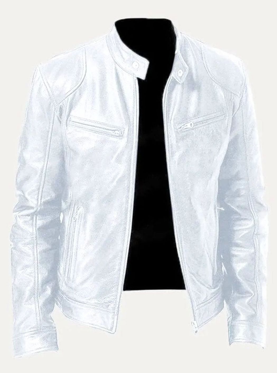 Men's Slim-Fit Faux Leather Moto Jacket Stand Collar - White