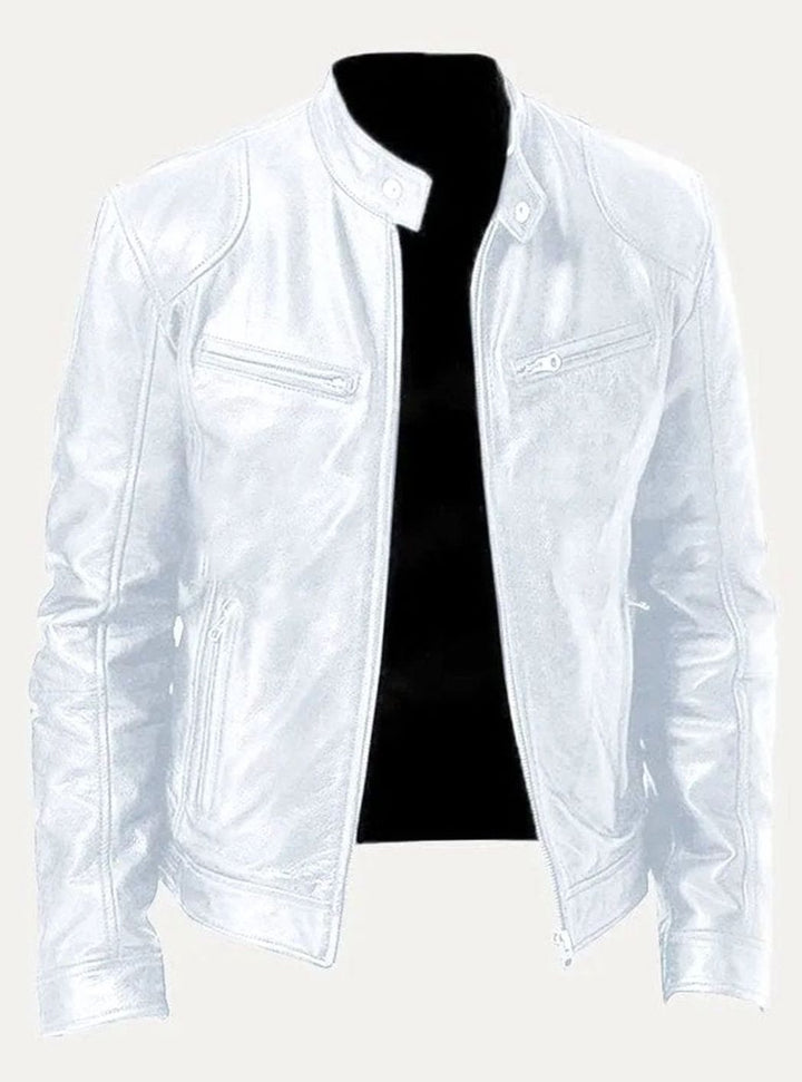 Men's Slim-Fit Faux Leather Moto Jacket Stand Collar - White