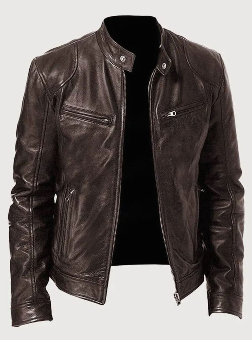 Men's Slim-Fit Faux Leather Moto Jacket Stand Collar - Brown
