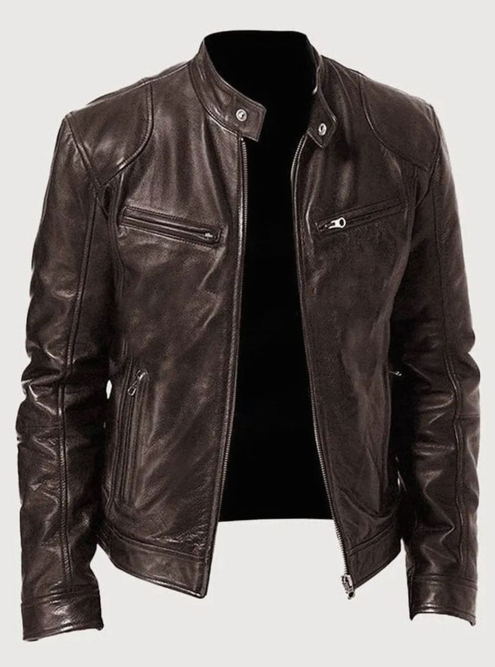 Men's Slim-Fit Faux Leather Moto Jacket Stand Collar - Brown