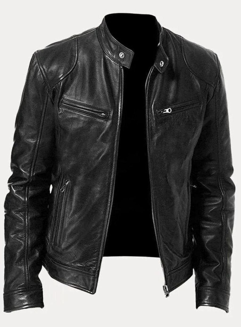 Men's Slim-Fit Faux Leather Moto Jacket Stand Collar - Black