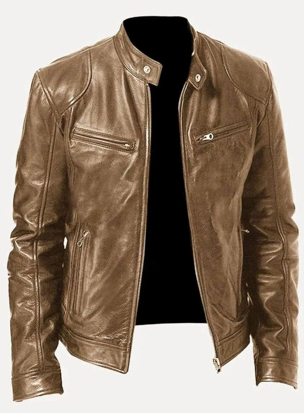 Men's Slim-Fit Faux Leather Moto Jacket Stand Collar - Khaki
