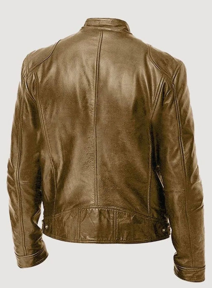 Men's Slim-Fit Faux Leather Moto Jacket Stand Collar